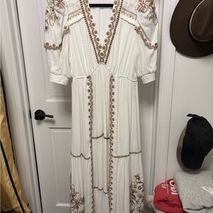 Hale Bob Embroidered White and Brown Maxi Dress